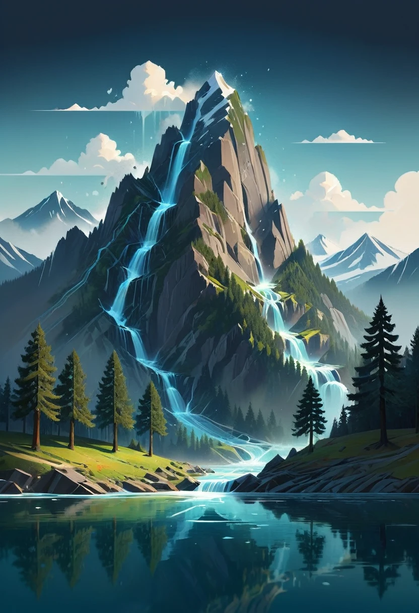 impressive painting of a mountain with trees and water, a detailed painting by Petros Afshar, shutterstock contest winner, environmental art, detailed painting, outlined art, 2d game art, isolated background for logo, strong contours, logo design
