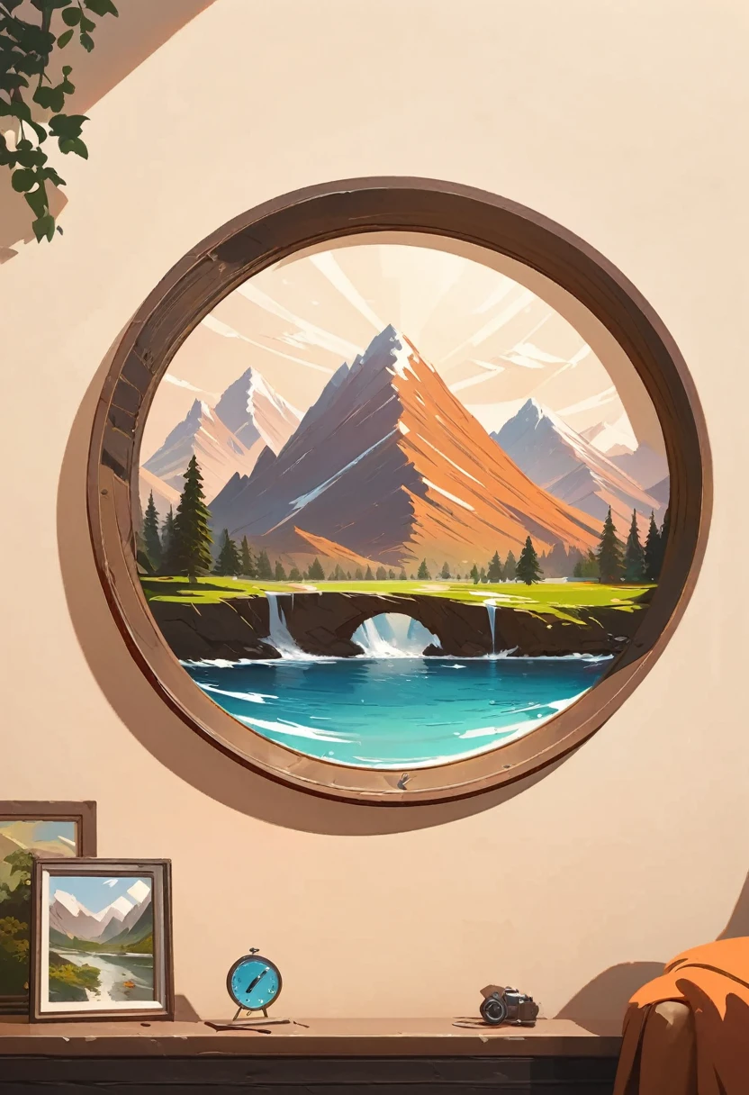 impressive painting of a mountain with trees and water, a detailed painting by Petros Afshar, shutterstock contest winner, environmental art, detailed painting, outlined art, 2d game art, isolated background for logo, strong contours, logo design
