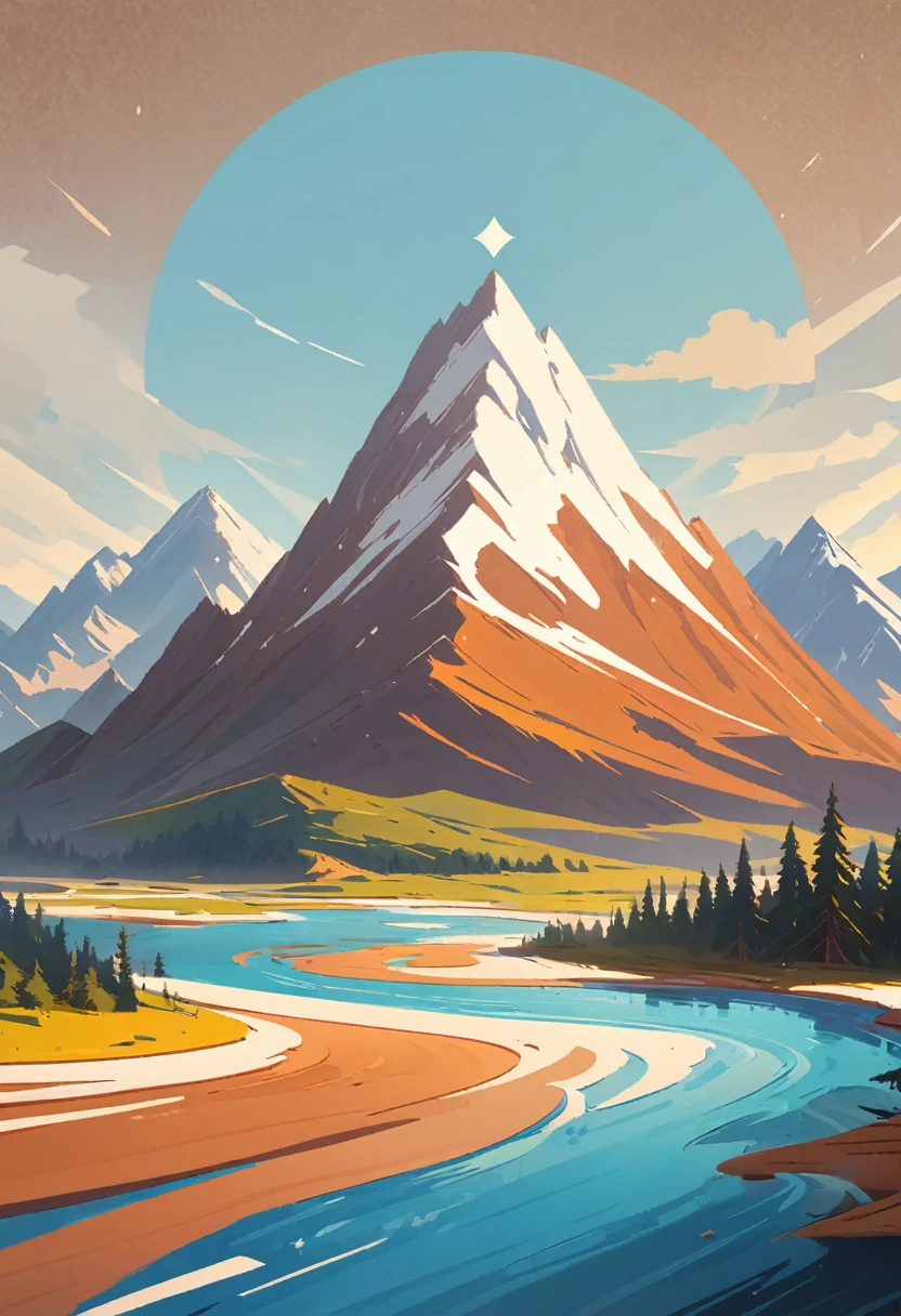 impressive painting of a mountain with trees and water, a detailed painting by Petros Afshar, shutterstock contest winner, environmental art, detailed painting, outlined art, 2d game art, isolated background for logo, strong contours, logo design
