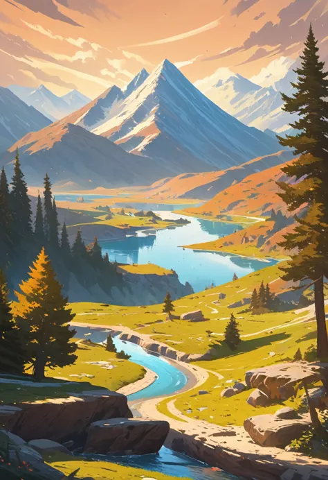 impressive painting of a mountain with trees and water, a detailed painting by petros afshar, shutterstock contest winner, envir...