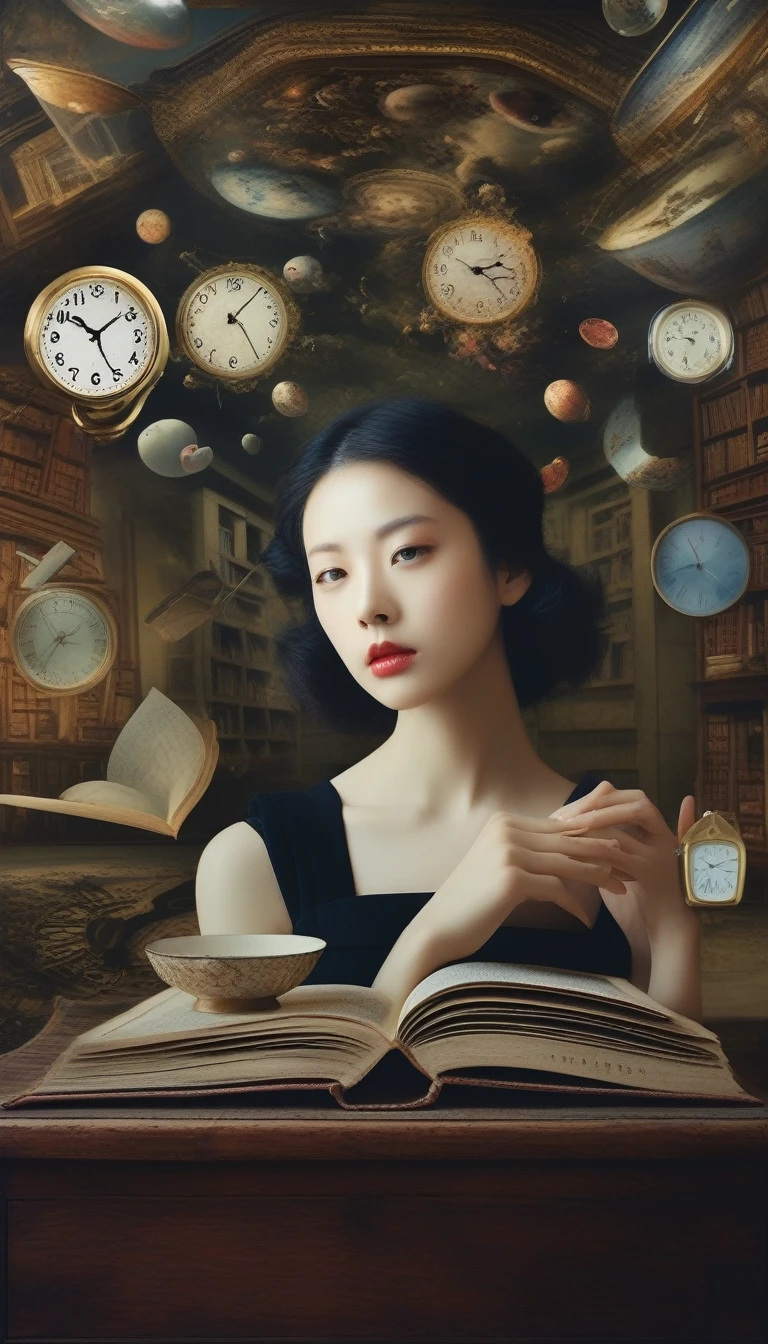 分厚いBookから出てきた女の子、Very beautiful face、Home＆Book > Supplies > Cleaning Products > clock floating in the air＞ sweeper:1.3、alice pudding、surreal photos、Surrealist painting、Artistic photography、Promotional Images、Surreal painting、Hyperrealism、panfuturism、the most surreal picture、Ultra high definition、colorful、masterpiece、