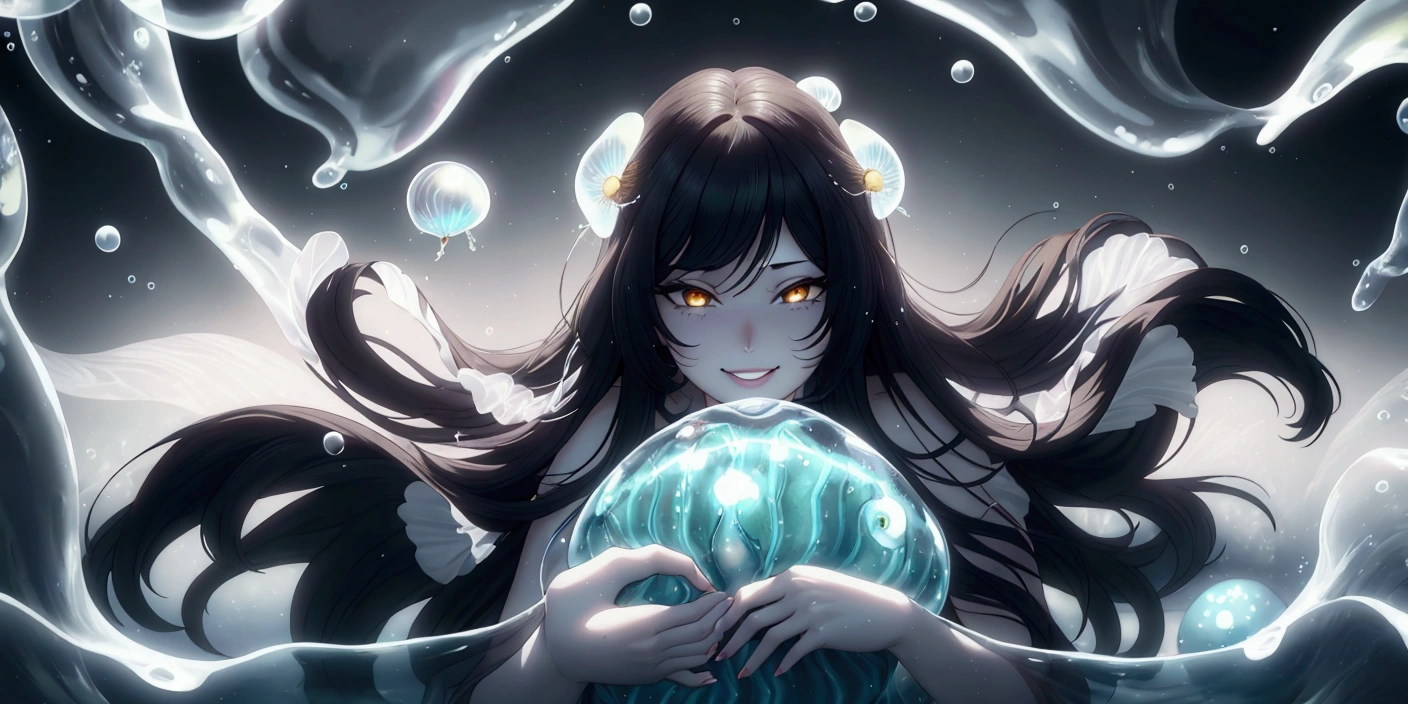 black hair, long hair, parted bangs, golden eyes, curvy, anatomically correct, 1girl, looking at viewer, smile, bubble, holding, solo, jellyfish, upper body, parted lips, water, water drop, slime \(creature\), Photorealistic, Hyperrealistic, Hyperdetailed, analog style, soft lighting, subsurface scattering, realistic, heavy shadow, masterpiece, best quality, ultra realistic, 8k, golden ratio, Intricate, High Detail, film photography, soft focus", shaded face, hollow eyes, golden eyes, lips, smirk, upper teeth, cheek,