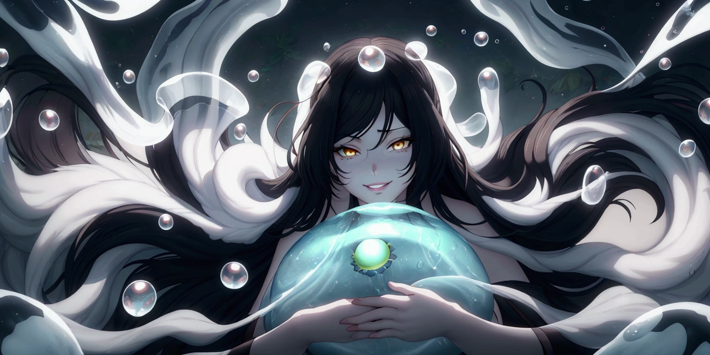 black hair, long hair, parted bangs, golden eyes, curvy, anatomically correct, 1girl, looking at viewer, smile, bubble, holding, solo, jellyfish, upper body, parted lips, water, water drop, slime \(creature\), Photorealistic, Hyperrealistic, Hyperdetailed, analog style, soft lighting, subsurface scattering, realistic, heavy shadow, masterpiece, best quality, ultra realistic, 8k, golden ratio, Intricate, High Detail, film photography, soft focus", shaded face, hollow eyes, golden eyes, lips, smirk, upper teeth, cheek,