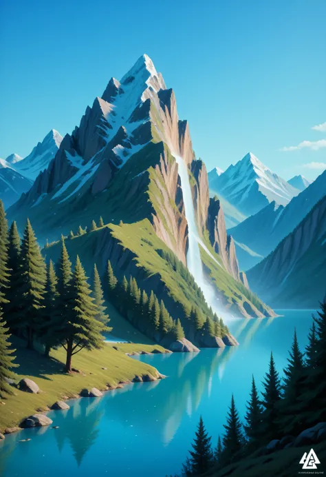 impressive painting of a mountain with trees and water, a detailed painting by petros afshar, shutterstock contest winner, envir...