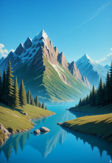 impressive painting of a mountain with trees and water, a detailed painting by petros afshar, shutterstock contest winner, envir...