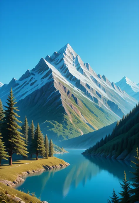 impressive painting of a mountain with trees and water, a detailed painting by petros afshar, shutterstock contest winner, envir...