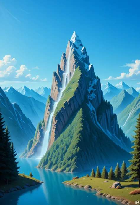 impressive painting of a mountain with trees and water, a detailed painting by petros afshar, shutterstock contest winner, envir...