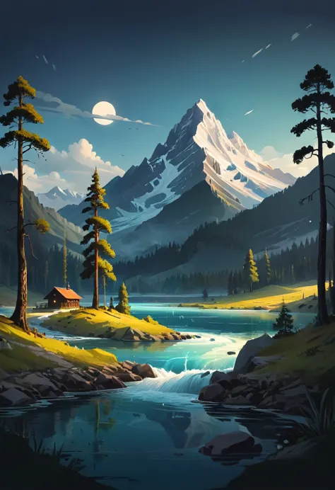 impressive painting of a mountain with trees and water, a detailed painting by petros afshar, shutterstock contest winner, envir...