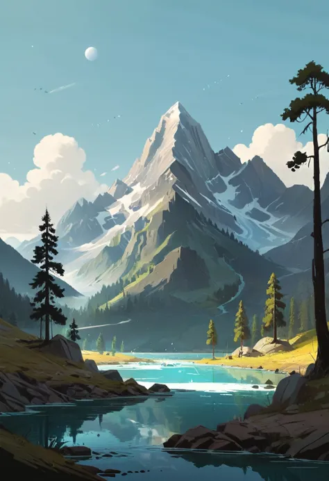 impressive painting of a mountain with trees and water, a detailed painting by petros afshar, shutterstock contest winner, envir...