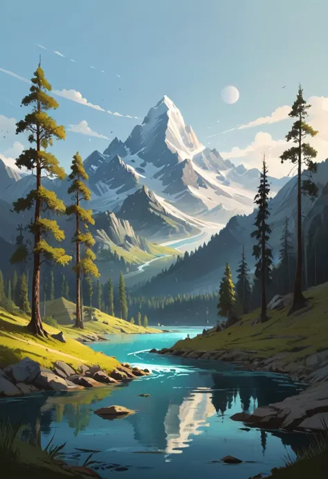 impressive painting of a mountain with trees and water, a detailed painting by petros afshar, shutterstock contest winner, envir...