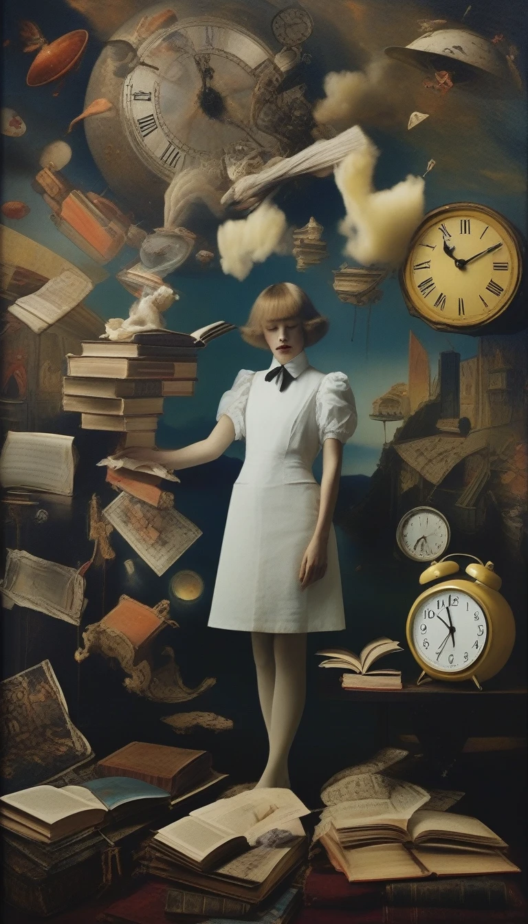 分厚いBookから出てきた女性、Very beautiful face、Home＆Book > Supplies > Cleaning Products > clock floating in the air＞ sweeper:1.3、alice pudding、surreal photos、Surrealist painting、Artistic photography、Promotional Images、Surreal painting、Hyperrealism、panfuturism、the most surreal picture、Ultra high definition、colorful、masterpiece、