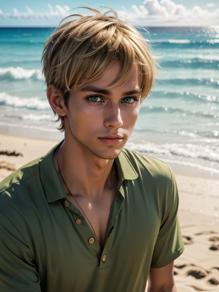 (best quality), 1boy, Male, 27 years old, young man, honey toned skin, short hair, dirty blonde hair, messy hair, messy bangs, green eyes, perfect eyes, hawaii shirt, male swimwear, beach, clear face, nerd, strong jawline, lanky, tired expression, dark circles under eyes, masterpiece, anatomically correct, highres
