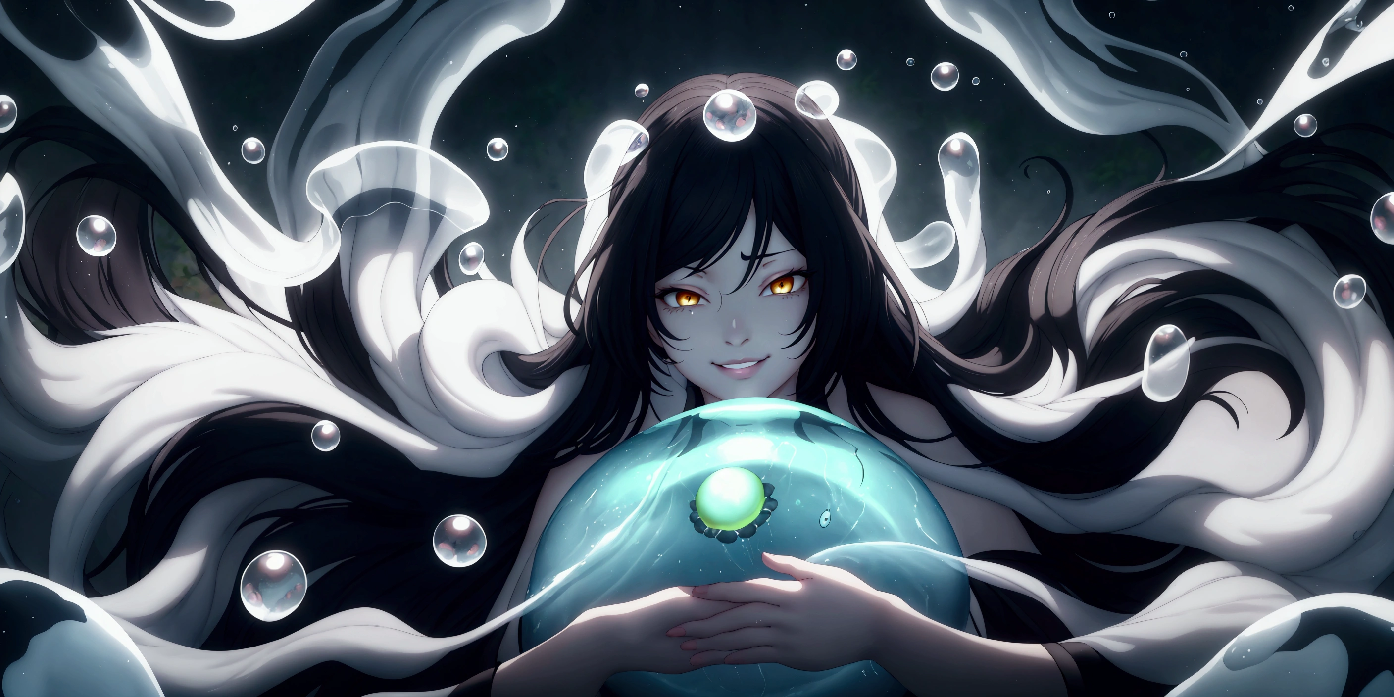 black hair, long hair, parted bangs, golden eyes, curvy, anatomically correct, 1girl, looking at viewer, smile, bubble, holding, solo, jellyfish, upper body, parted lips, water, water drop, slime \(creature\), Photorealistic, Hyperrealistic, Hyperdetailed, analog style, soft lighting, subsurface scattering, realistic, heavy shadow, masterpiece, best quality, ultra realistic, 8k, golden ratio, Intricate, High Detail, film photography, soft focus", shaded face, hollow eyes, golden eyes, lips, smirk, upper teeth, cheek,