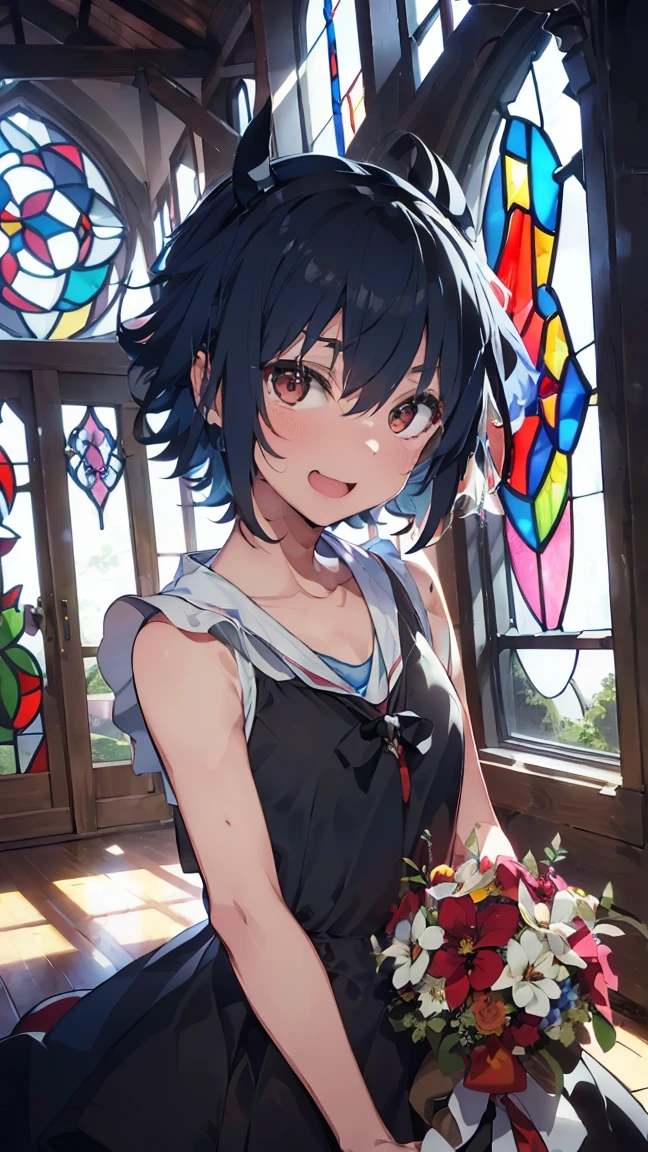 masterpiece, Highest quality, High resolution, Very detailed,(((Mikoto Naruka))), (((Black Dress)))、(((Laughing out loud。)))、(((Facing forward。))), (((church))), (((Holding a bouquet。))), (((indoor))), (((Stained glass))), Low - Angle