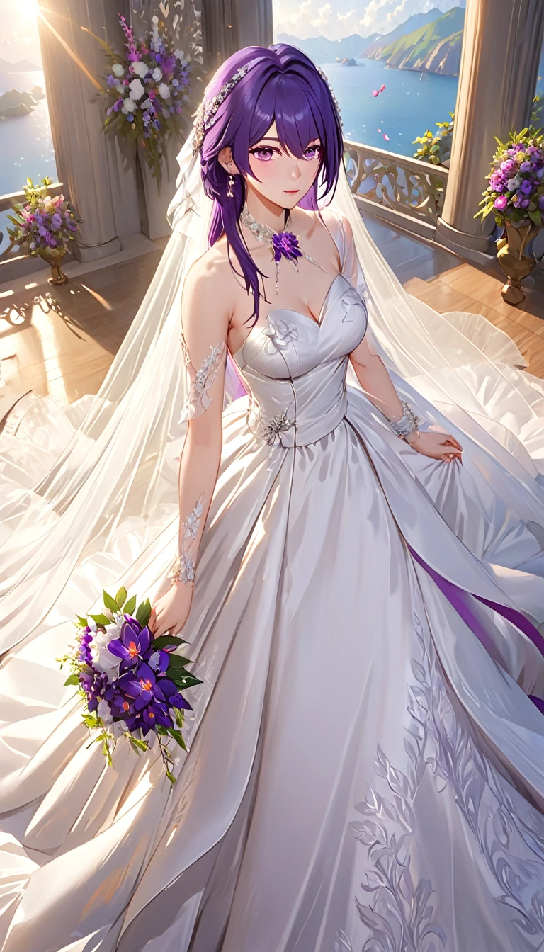 ((Masterpiece)),((Top quality)), High resolution, Highly detailed CG, Perfect lighting, 8K wallpaper, 1 girl, Acheron \ (Honkai: Star Rail\), Beautiful shiny purple hair, sparkling purple eyes, eyes with highlights, Elegant and Gorgeous Wedding Dress in Pearl White, white veil,
