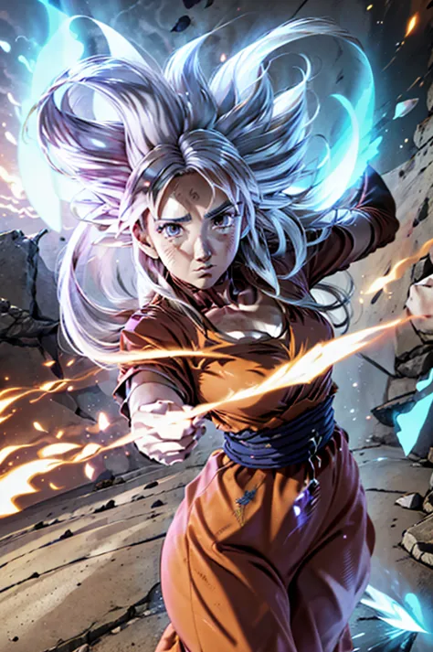 8k, best quality, masterpiece, victoria villarruel dressed as goku, 1 girl, ultra_instinct, white_hair, glowing aura, bright whi...