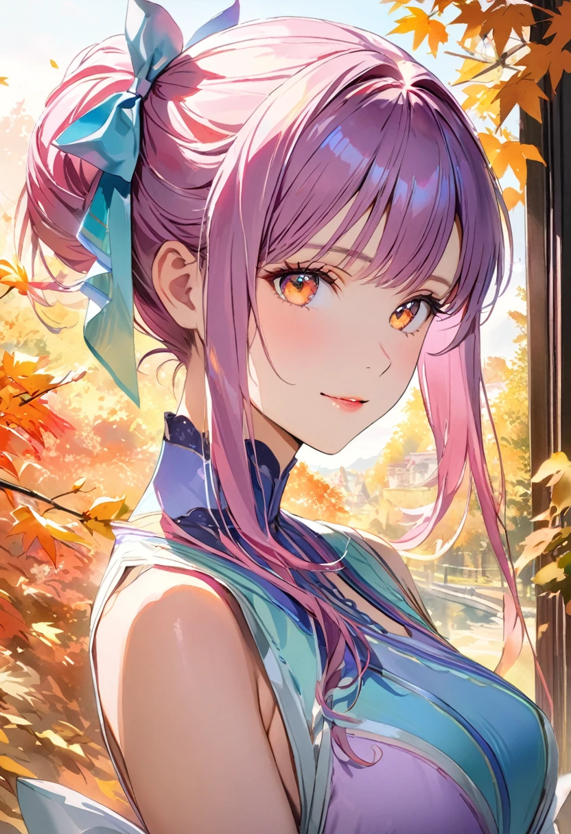 (8K, Highest quality, masterpiece:1.2),(Highest quality:1.0), (Ultra-high resolution:1.0), watercolor, Beautiful woman, shoulder, Hair Ribbon, Agnes Cecil, Half Body Portrait, Very bright and luminous design, pastel colour, (ink:1.3), Autumn Light,