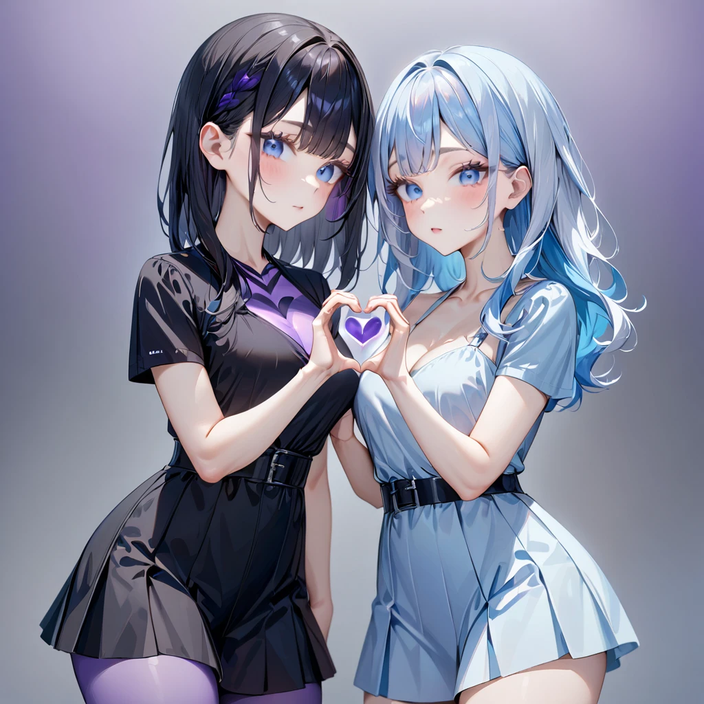 {{Two Girls}},masterpiece,Highest quality,so beautiful,Absurd,Cowboy Shot,Light Color,Dark,heart_hand_duo,Light Hair,Black Hair,Gray Hair,Light blue hair,Bright Blue Eyes,cute,(purple heart)