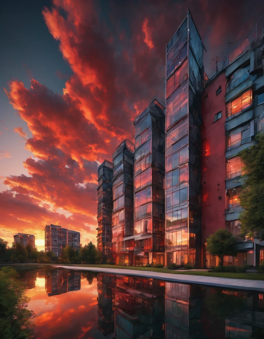 High quality, high resolution, best composition, cinema style, summer landscape, sunset behind urban buildings, reflection of buildings in park pond, red clouds, dynamic and breathtaking, fantastic, peaceful and beautiful scenery.