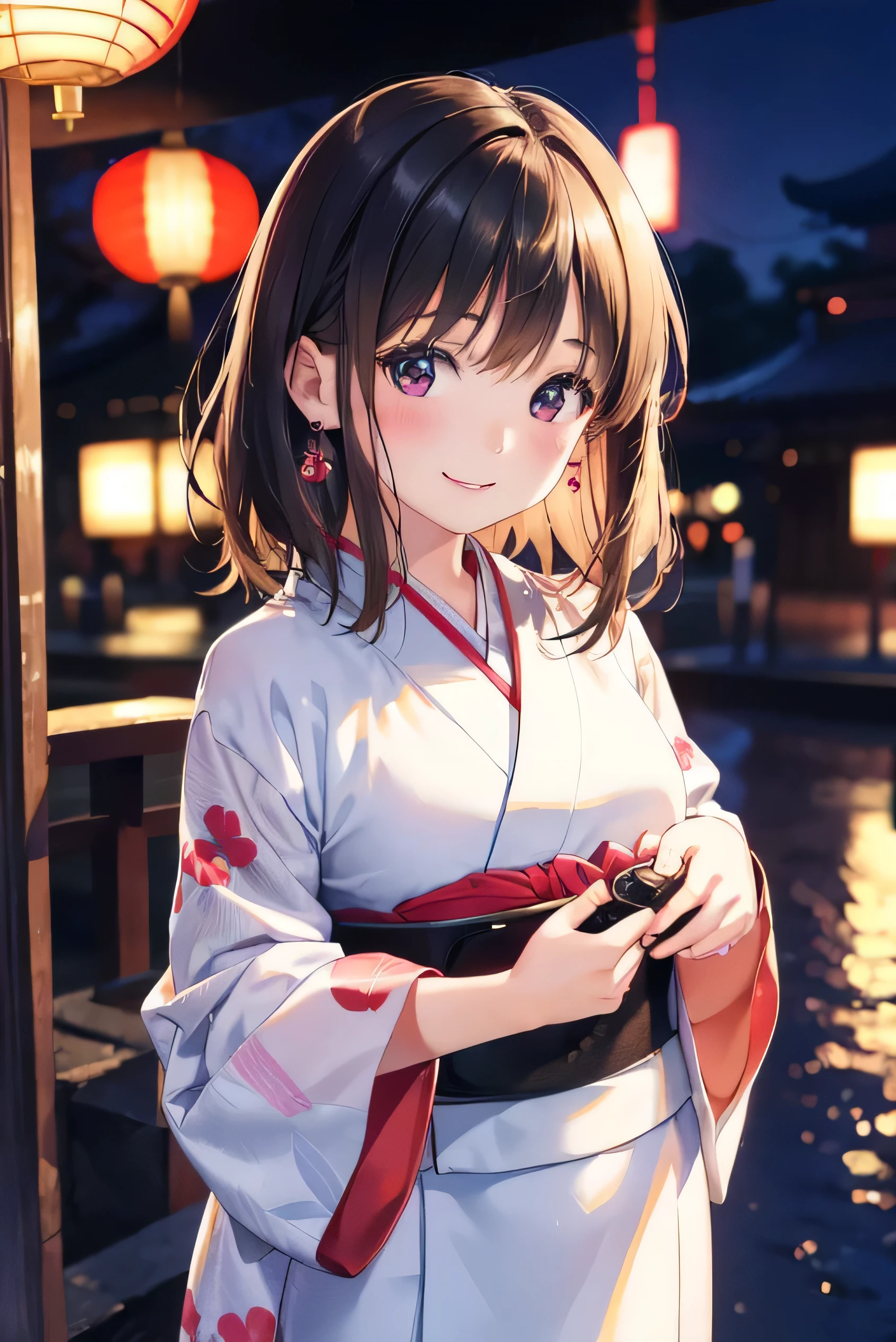 1 girl, kimono, japanese dress, best quality, masterpiece, illustration, (realistic, photo-realistic:1.37), amazing, in detail, incredibly absurd, huge file size, very detailed, Goding, very detailed CG Unity 8k 벽지, ray tracing, moderate chest, Cute Korean girl wearing hanbok taking pictures outdoors, In Seoul, With a smiling face, blush, earring, medium hair, Tokyo Background, Or Tokyo night view, masterpiece