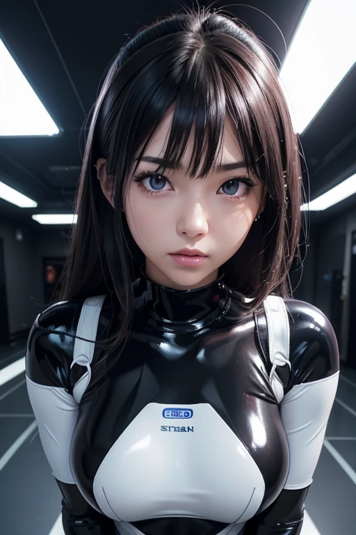 1 girl, Attention when viewing, Helmet, Brainwashing, visor, wire,clavicle, Eyes glow purple,absurd, Brainwashinging,EMPTY EYES, big breasts, inexpressive,(black latex bodysuit),look away , Full body shape,(top quality、8 K、a high resolution)、very detailed、(reality、reality的なです、reality的な:1.37)、Ticker、Hyper HD、studio lighting、Ultra High Definition Paint、Sharp Focus、physically based rendering、extreme detail、Professional characteristics、brightness and color、sports portrait、anime big breasts、San Francisco