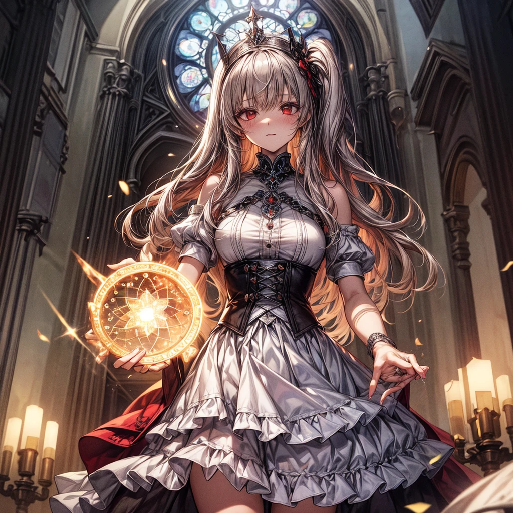 quality,8k,Highly detailed CG unit wallpaper, masterpiece,High resolution,top-quality, real texture skin,Surreal,Increase the resolution,RAW Photos,最高quality,Very detailed,From below,Cool Beauty,Glamour Women, Cute pose,Gothic_dress,Red Embroidery,Silver_Shiny long hair, Queen, world, Crystal Flower,Sparkling stained glass like a kaleidoscope,Majestic cathedral,Layered skirt with details, Detailed embroidery, Very layered ruffles, Detailed Texture,A geometric magic circle above your head,Silverで装飾された杖,