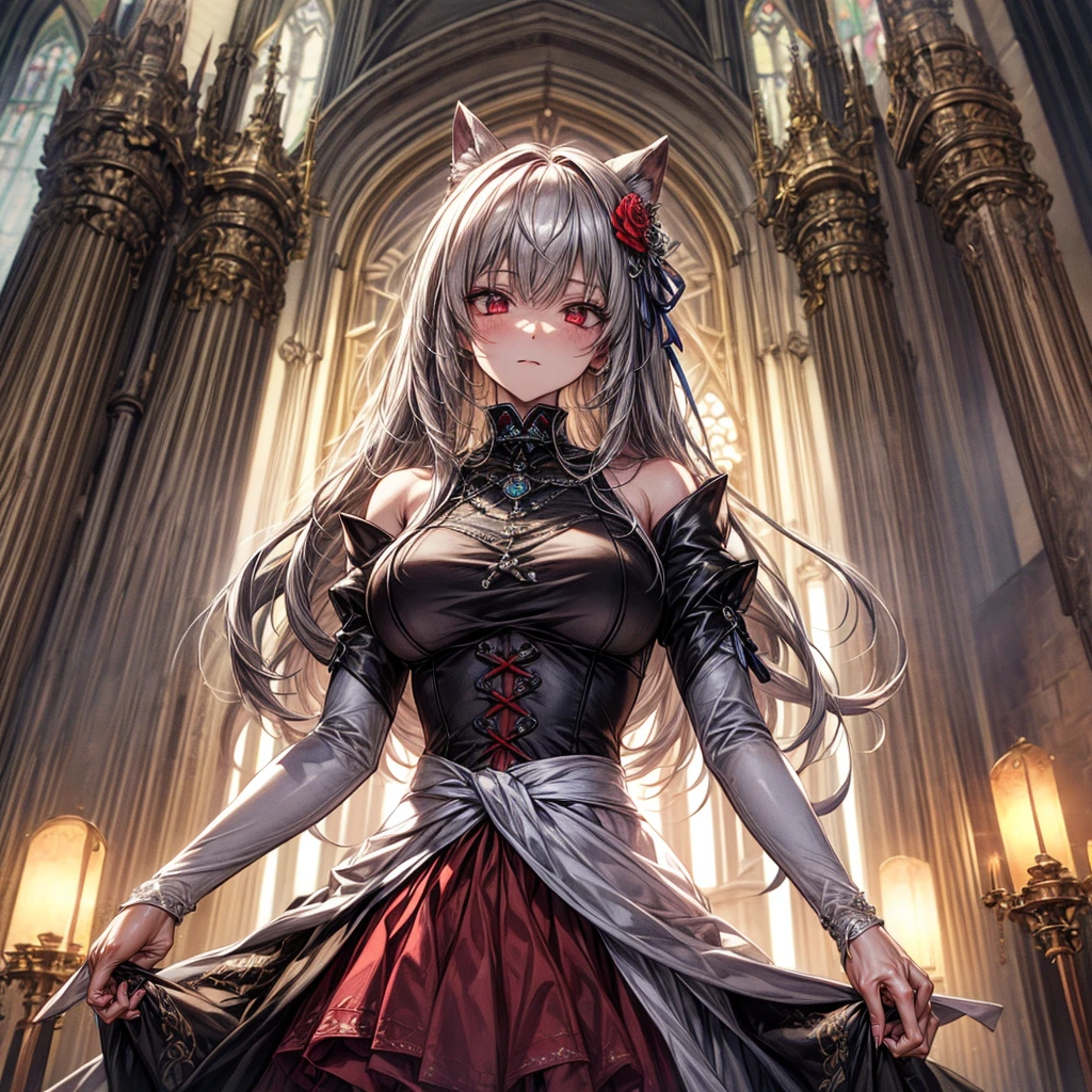 quality\(8k,Highly detailed CG unit wallpaper, masterpiece,High resolution,top-quality, real texture skin,Surreal,Increase the resolution,RAW Photos,最高quality,Very detailed,From below,Cool Beauty,Glamour Women, Cute pose,Gothic_dress,Red Embroidery,Silver_Shiny long hair, Queen, world, Crystal Flower,Sparkling stained glass like a kaleidoscope,Majestic cathedral,Layered skirt with details, Detailed embroidery, Very layered ruffles, Detailed Texture,A geometric magic circle above your head,装飾されたSilverの聖杖,