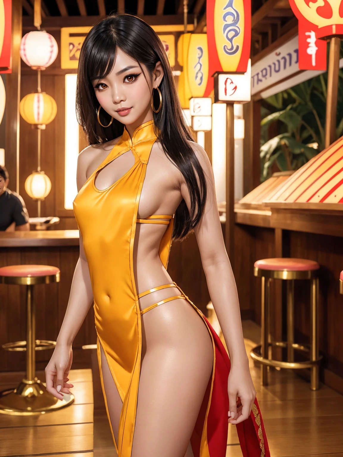 Photorealistic, full body image, sexy (aesthetic Thai adult beauty, slanted Asian eyes, flat_chested:1.55), she has long straight black hair, bright hazel eyes, (cheongsam,sideboob,side slit), in front of a (tiki bar) night club, slim oval face, pleasant smile, gold hoop earrings, looking at viewer, Captured with professional fuji medium format camera, 64k, ultra-detailed, ultra-accurate detailed, bokeh lighting, thighs, hourglass_figure