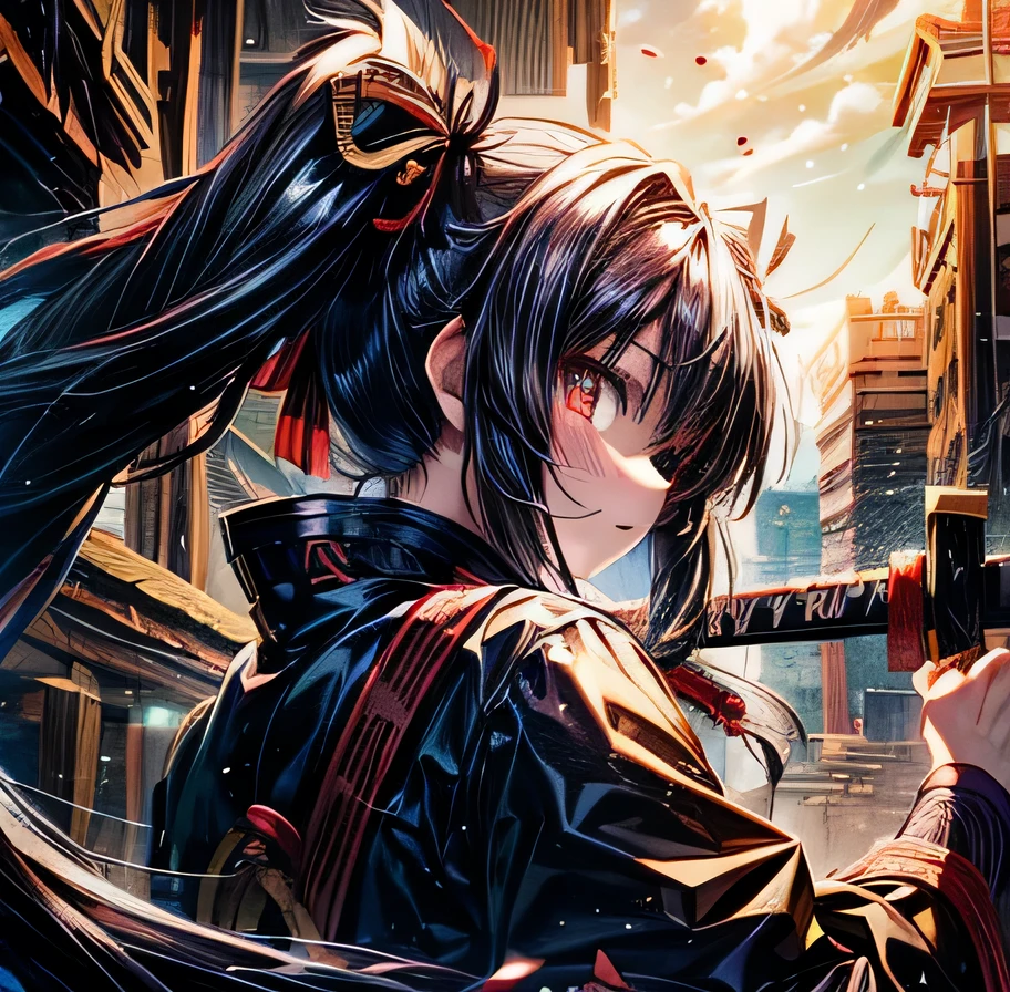 Black Hair　Twin tails　Yagyu Shinkage-ryu Sword Master&#39;s License　Presence　Fit　　Tosei Gusoku　armor　Japanese sword　Beauty　swordsmanship　　Yan Fei&#39;s Sword　Nine Swords　One Yen Stance　Swordless Capture　front　Surrounded by Enemy Samurai
