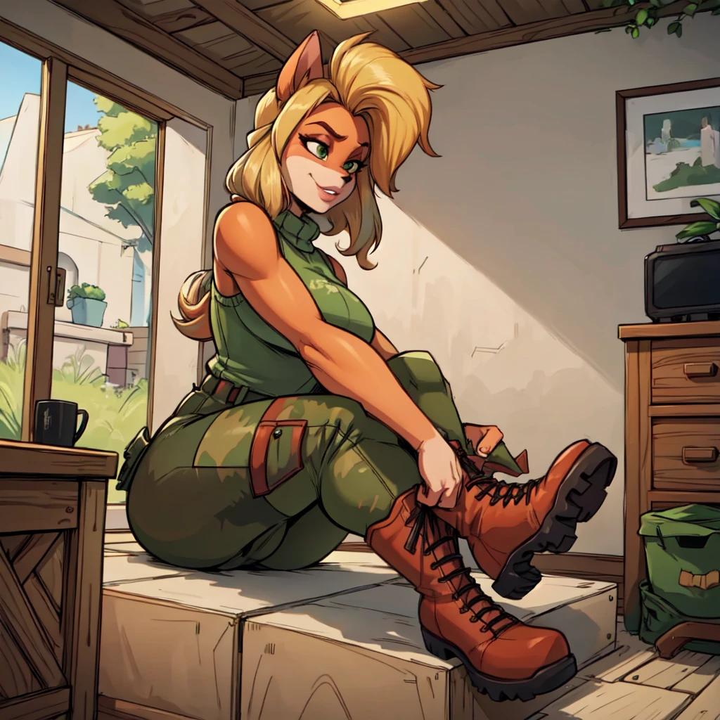 anthro bandicoot girl redhead, long hair, beautiful green eyes, , sexy , warm sweater, camouflage pants, army boots, , cozy lighting, vibrant colors , girl anthro , sweater, camouflage pants, army boots, hands to boots tying your shoelaces