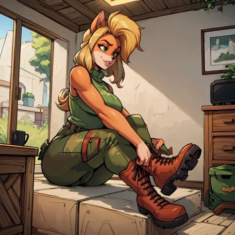 anthro bandicoot girl redhead, long hair, beautiful green eyes, , sexy , warm sweater, camouflage pants, army boots, , cozy ligh...