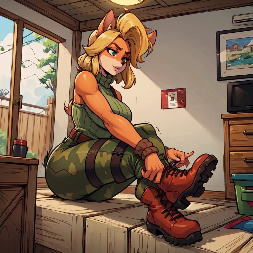 anthro bandicoot girl redhead, long hair, beautiful green eyes, , sexy , warm sweater, camouflage pants, army boots, , cozy lighting, vibrant colors , girl anthro , sweater, camouflage pants, army boots, hands to boots tying your shoelaces