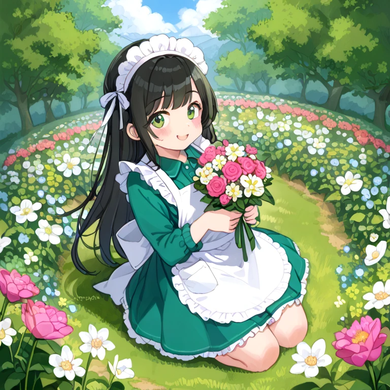 cute girl sits among a huge meadow of flowers, a girl in a blue-green dress and her hair is black, green eyes and she is also wearing a white apron and she is holding a small bouquet of wild flowers