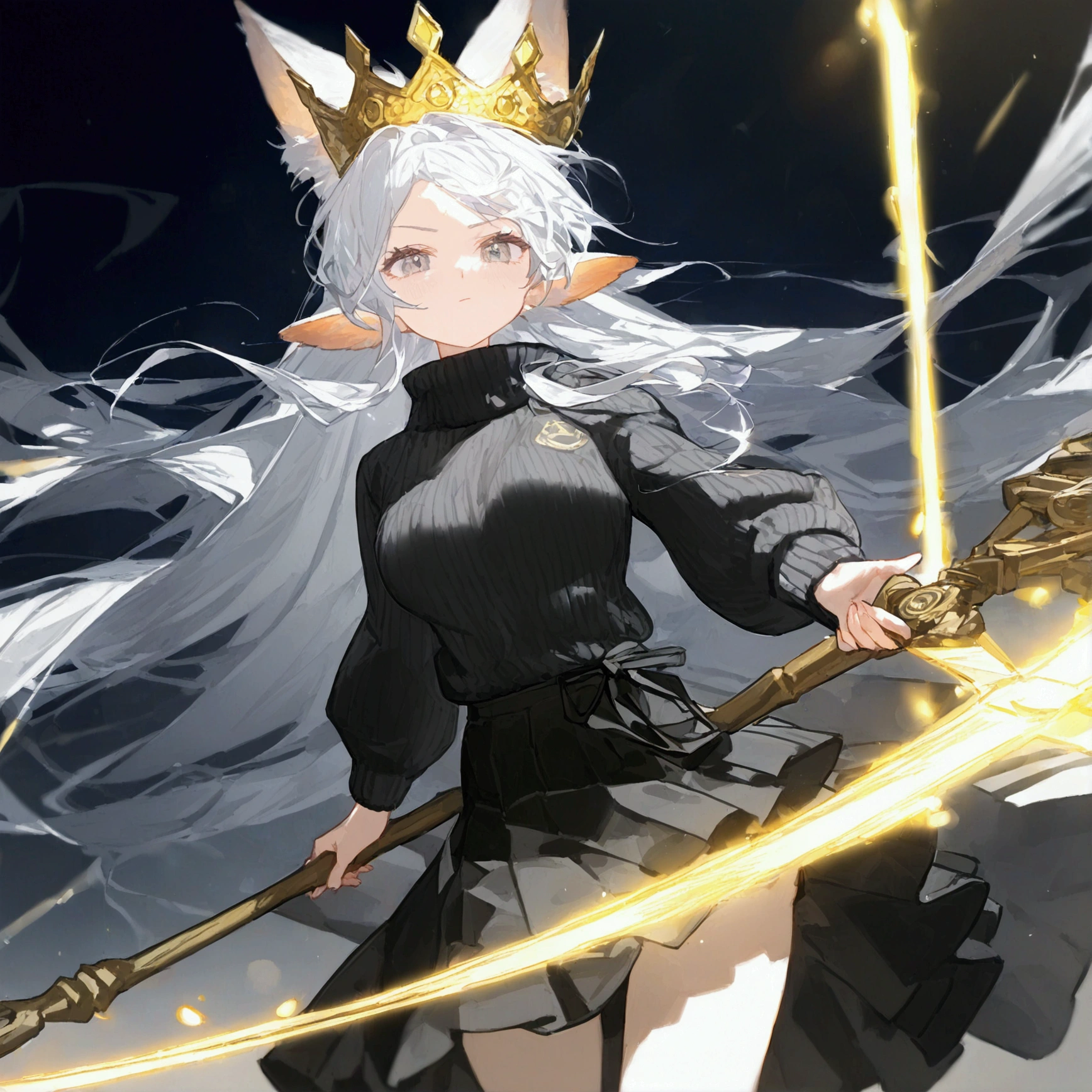 A girl waring black sweater with gray horizontal stripes, caro skirt and have white long hair with a golden crown worn crosswise, have white kitsune ears holding a energy scythe