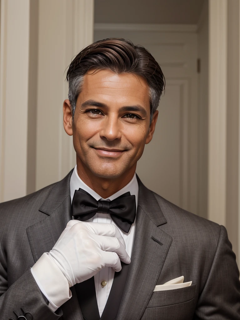 (best quality), 1boy, Male, mature male, 45 years old, tanned skin, brown hair, grey streaks, short hair, brown eyes, perfect eyes, polite smile, handsome, butler, strong jawline, suit, white gloves, masterpiece, anatomically correct, highres
