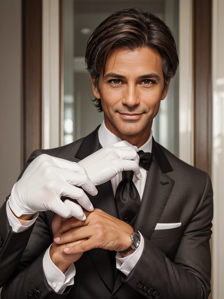 (best quality), 1boy, Male, mature male, 45 years old, tanned skin, brown hair, grey streaks, short hair, brown eyes, perfect eyes, polite smile, handsome, butler, strong jawline, suit, white gloves, masterpiece, anatomically correct, highres
