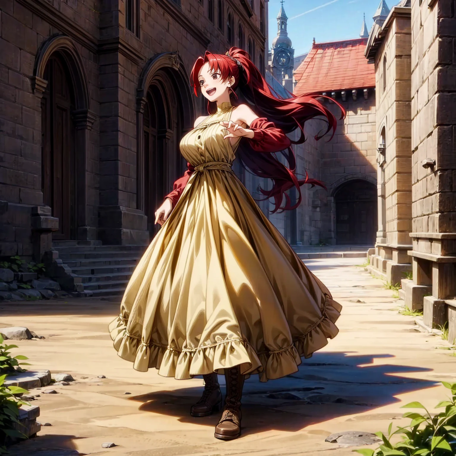 Solo character, full body version, young girl, black eyes, red color hair, very long hair, ponytail, long dress clothing, yellow color dress, bare shoulder clothing, long skirt, boots, outdoor, village, medieval, morning, standing gesture, detailed background, detailed clothing, detailed hair, happy eyes, open mouth, big Breast 