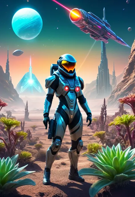 a futuristic adventurer in a high-tech suit, exploring an alien planet with strange plants and glowing crystals, holding a laser...