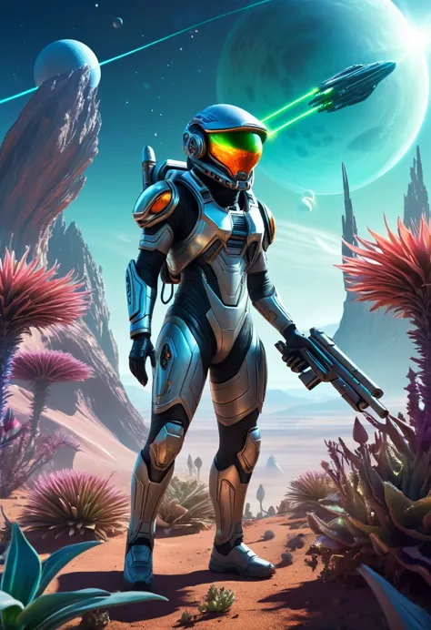 a futuristic adventurer in a high-tech suit, exploring an alien planet with strange plants and glowing crystals, holding a laser...