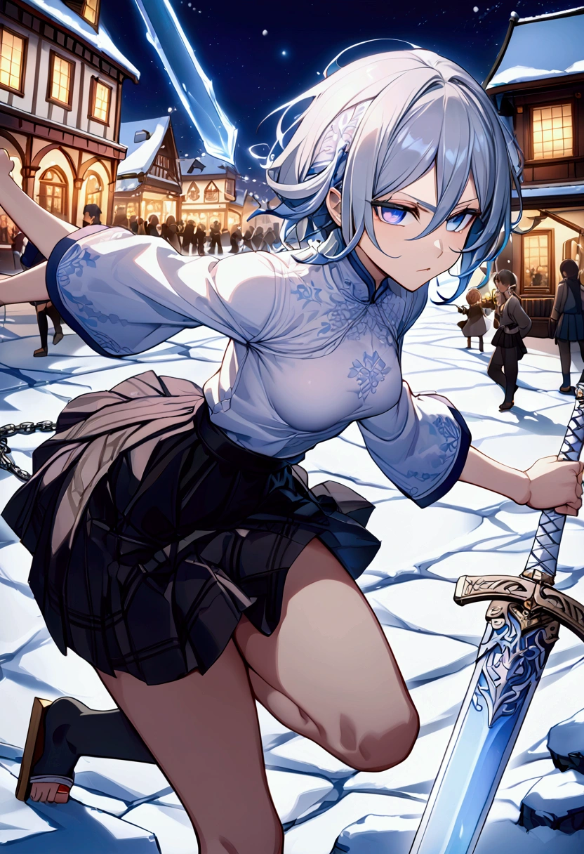 ((Highest quality)),((Very detailed)),(((Has two swords))),((Pale-white shining sword,Two-Way,The swords are connected by a chain)), ((Town square at night,)), ((Blue mesh on hair)),masterpiece, Detailed face,Beautiful Face, Top view, (Fighting), ((ice,snow)),(Long-legged white shirt,Short black skirt,White floral pattern on skirt,White socks,geta)One girl,((Blue Eyes,Dynamic pose,A slightly fluffy shirt)) , Rukia, Gray Hair, short hair, Hair between the eyes, Purple eyes, Small breasts,cold