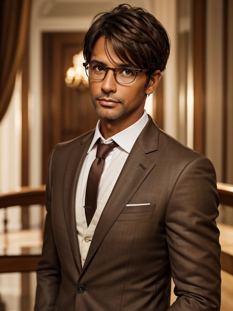 (best quality), 1boy, Male, 40 years old, mature male, tanned skin, brown hair, short hair, tousled hair, bangs, brown eyes, perfect eyes, glasses, elegant, handsome, suit, masterpiece, anatomically correct, highres
