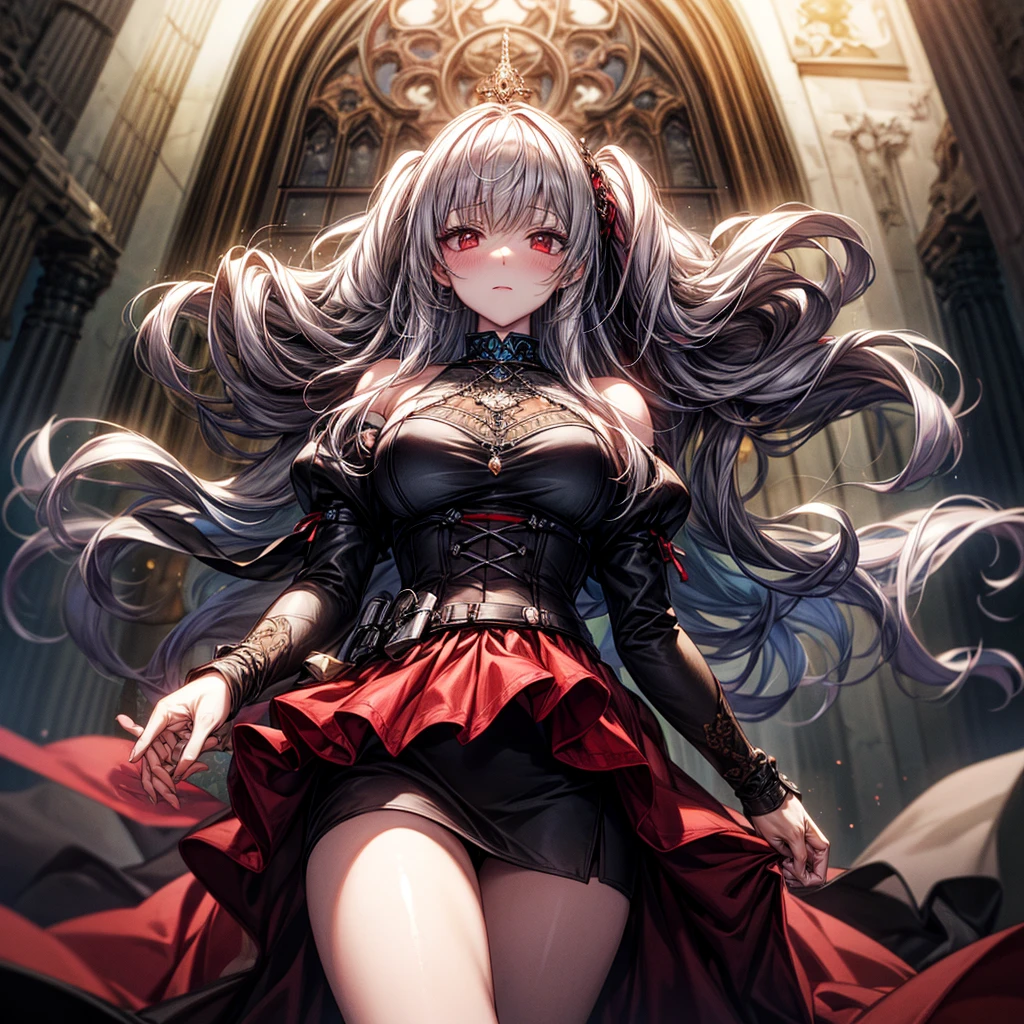 quality,8k,Highly detailed CG unit wallpaper, masterpiece,High resolution,top-quality, real texture skin,Surreal,Increase the resolution,RAW Photos,最高quality,Very detailed,From below,Cool Beauty,Glamour Women, Cute pose,Gothic_dress,Red Embroidery,Silver_Shiny long hair, Queen, world, Crystal Flower,Sparkling stained glass like a kaleidoscope,Majestic cathedral,Layered skirt with details, Detailed embroidery, Very layered ruffles, Detailed Texture,A geometric magic circle above your head,Silverで装飾された杖,