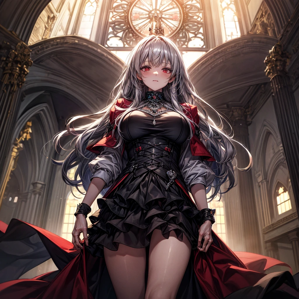 quality,8k,Highly detailed CG unit wallpaper, masterpiece,High resolution,top-quality, real texture skin,Surreal,Increase the resolution,RAW Photos,最高quality,Very detailed,From below,Cool Beauty,Glamour Women, Cute pose,Gothic_dress,Red Embroidery,Silver_Shiny long hair, Queen, world, Crystal Flower,Sparkling stained glass like a kaleidoscope,Majestic cathedral,Layered skirt with details, Detailed embroidery, Very layered ruffles, Detailed Texture,A geometric magic circle above your head,Silverで装飾された杖,