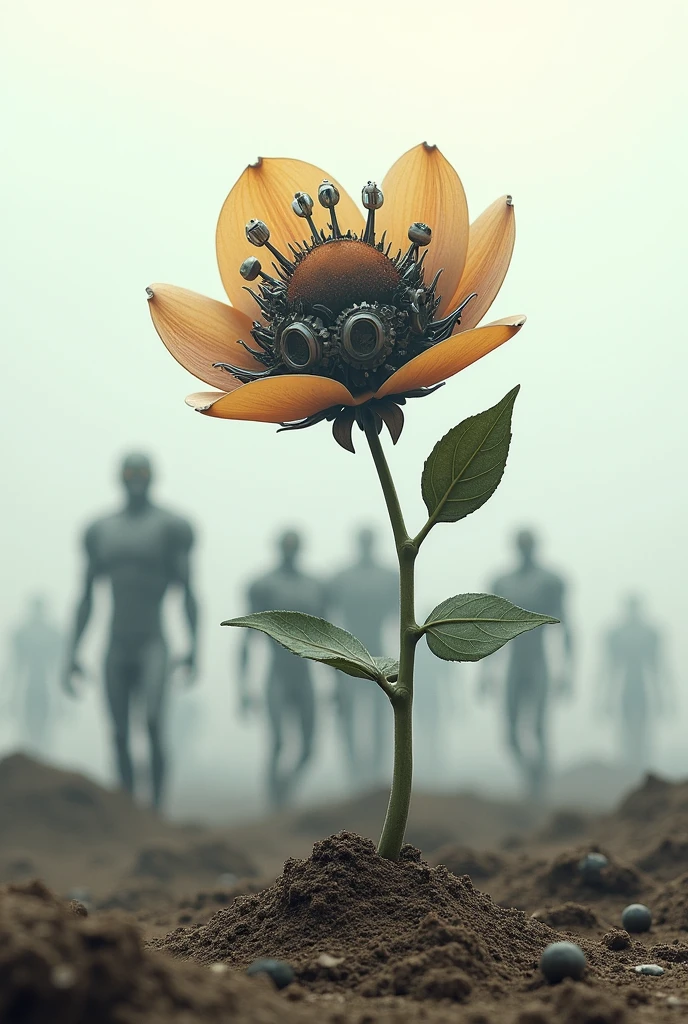 Generate an image of a somewhat robotic flower reborn from the earthen