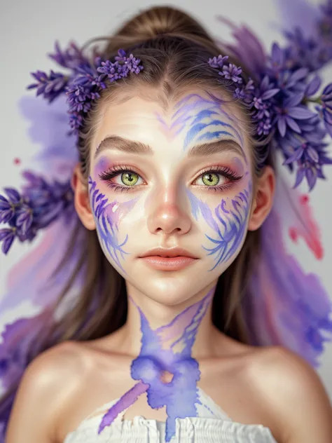 alexandralenarchyk, close up on face, focus on eyes, (watercolor lavender face paint:1.2)