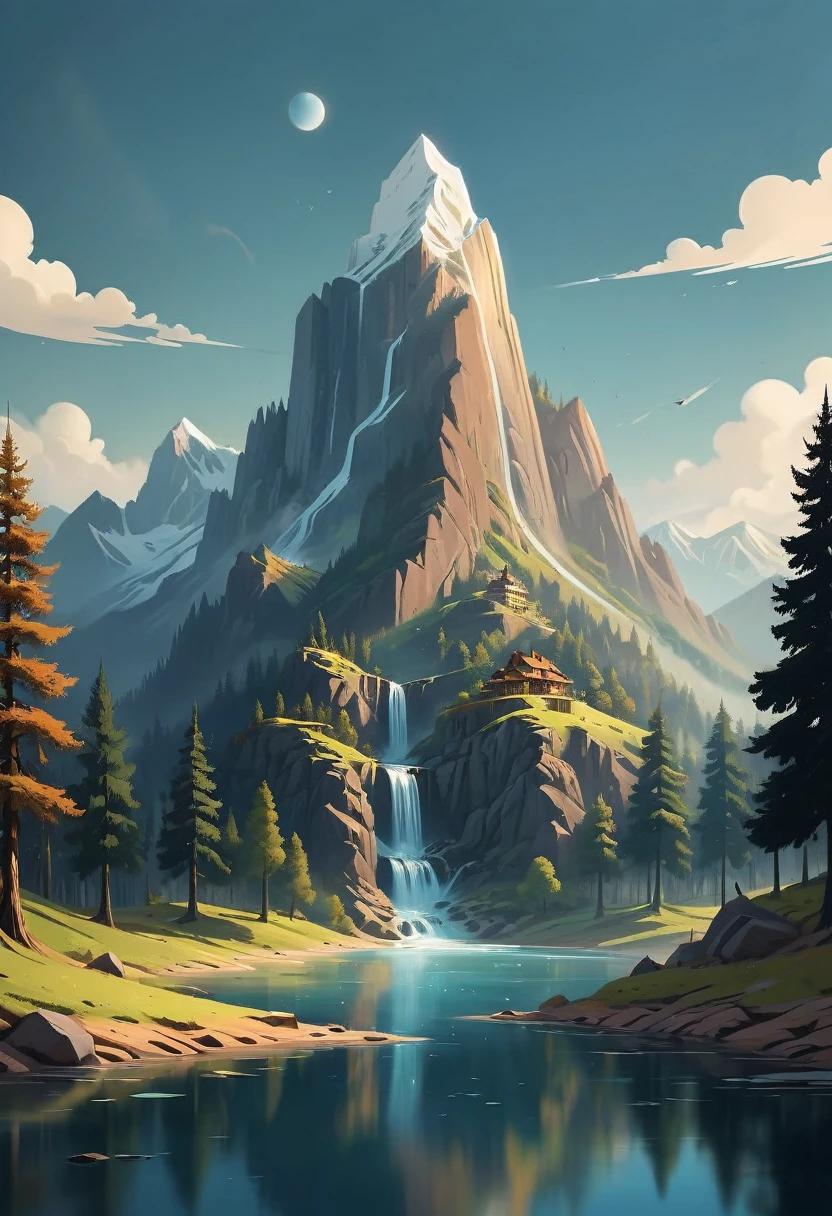 impressive painting of a mountain with trees and water, a detailed painting by Petros Afshar, shutterstock contest winner, environmental art, detailed painting, outlined art, 2d game art, isolated background for logo, strong contours, logo design
