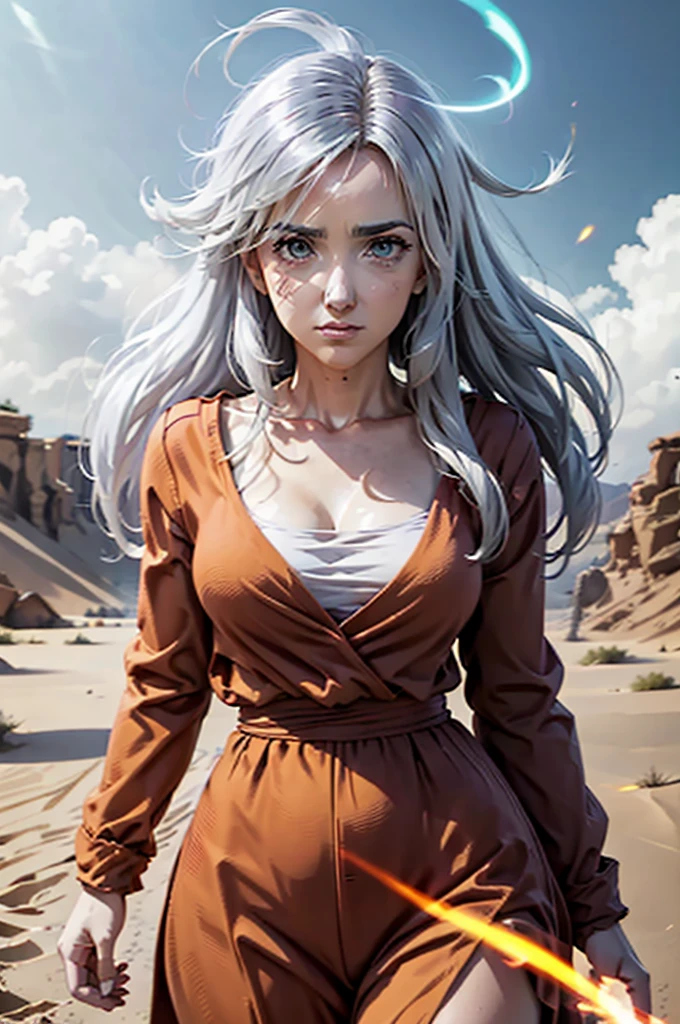 8k, Best Quality, masterpiece, Victoria Villarruel dressed as Goku, 1 girl, ultra_instinct, white_hair, glowing aura, bright white long hair, floating hair raised, bright silver eyes, slim with wide hips, serious mocking expression. outdoor, clearing, plain, desert.