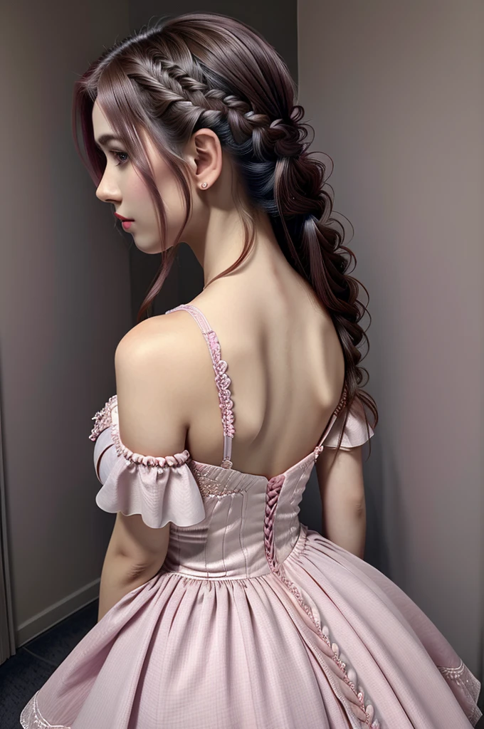 Miss woman from behind, pink princess dress, calm look, high quality dress, HD , braided hair, Whole body
