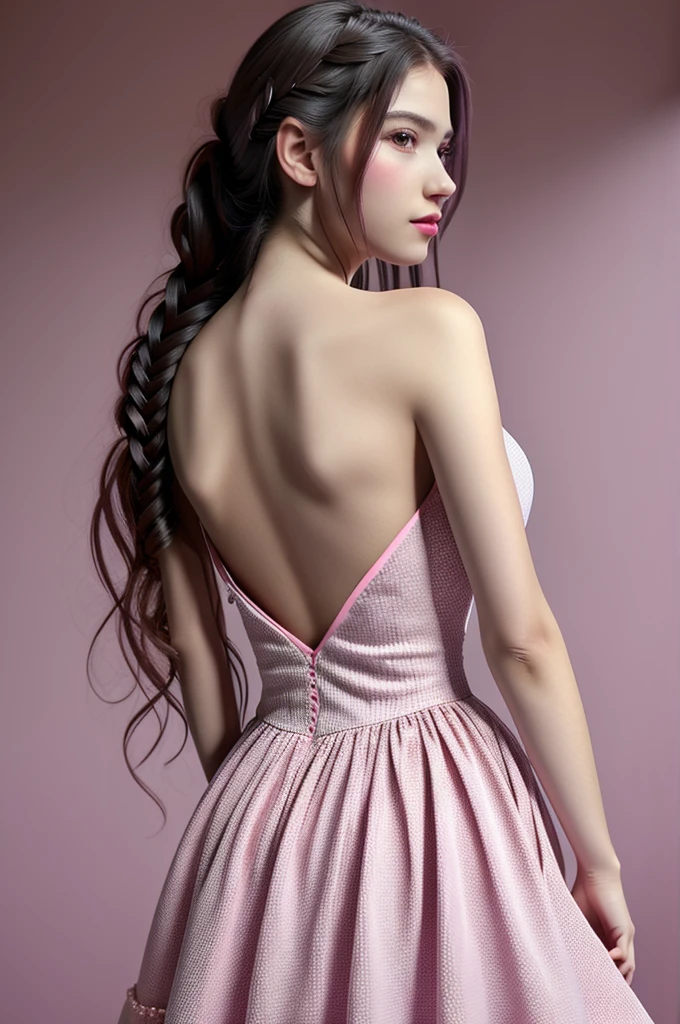 Miss woman from behind, pink princess dress, calm look, high quality dress, HD , braided hair, Whole body
