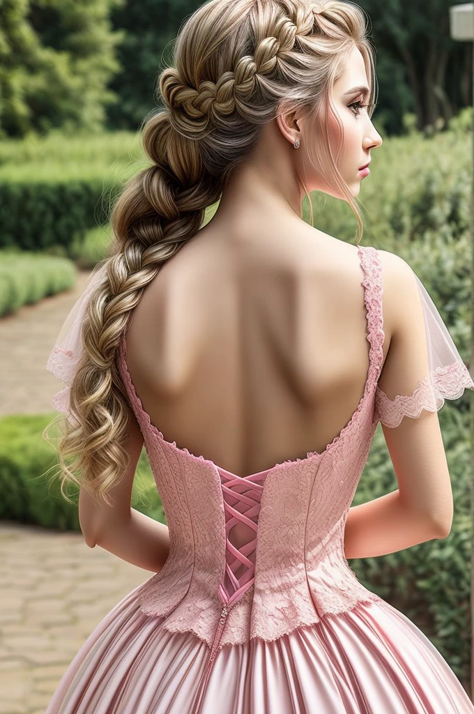 Miss woman from behind, pink princess dress, calm look, high quality dress, HD , braided hair, full body from head to toe
.